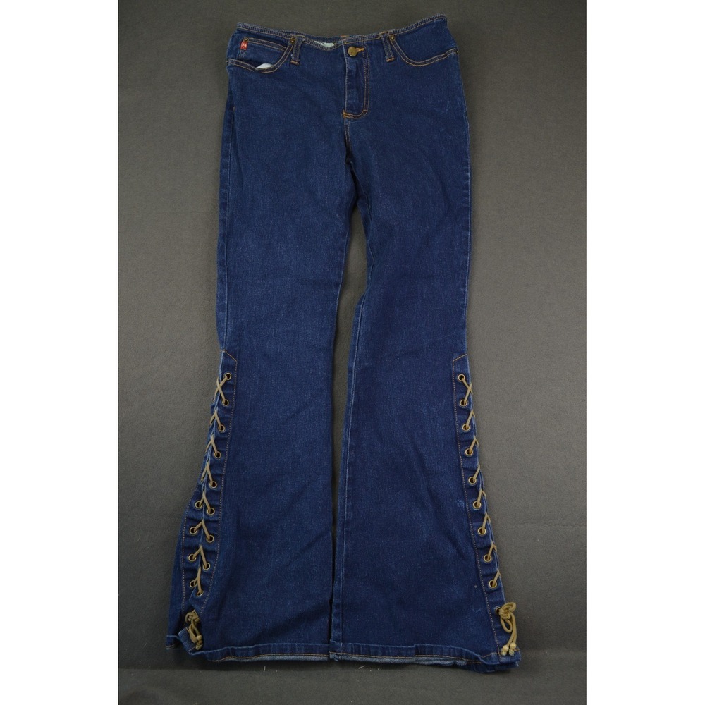 Vintage Y2K Mudd Womens Dark Blue Denim Flared Jeans Stretch Side Lace Up Size 7